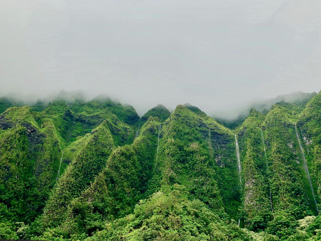 Foggy mountain landscape with lush green foliage and waterfalls in Kaneohe, Hawaii.