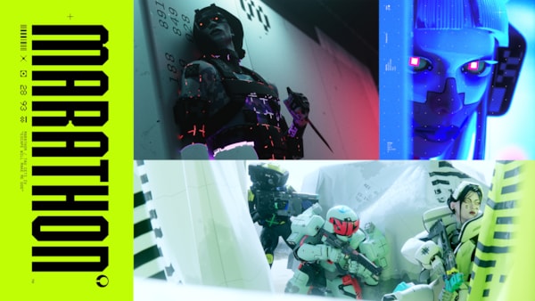 Bungie's Marathon Poster: Large black, blocky, vertical text, reading Marathon on a lime green background. The majority of the image is taken up by 3 scenes. Each differing in colors and angles but all of game characters hiding or taking tactical positions.