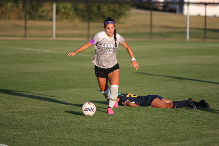 Elissafe Moreno advances the ball in a 2023 Cornell women's soccer home match.