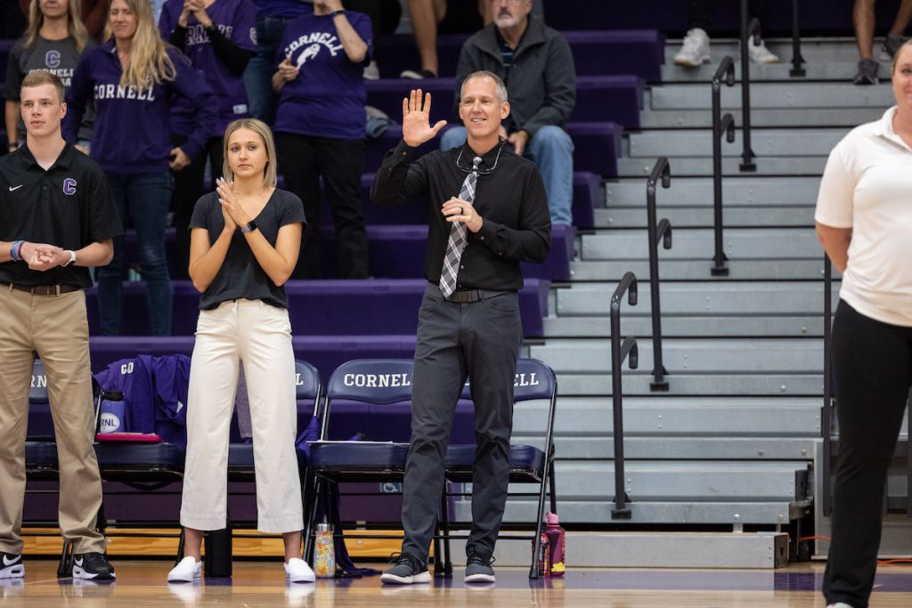 Jeff Meeker acknowledging the crowd prior to a Cornell home 2022 volleyball game.