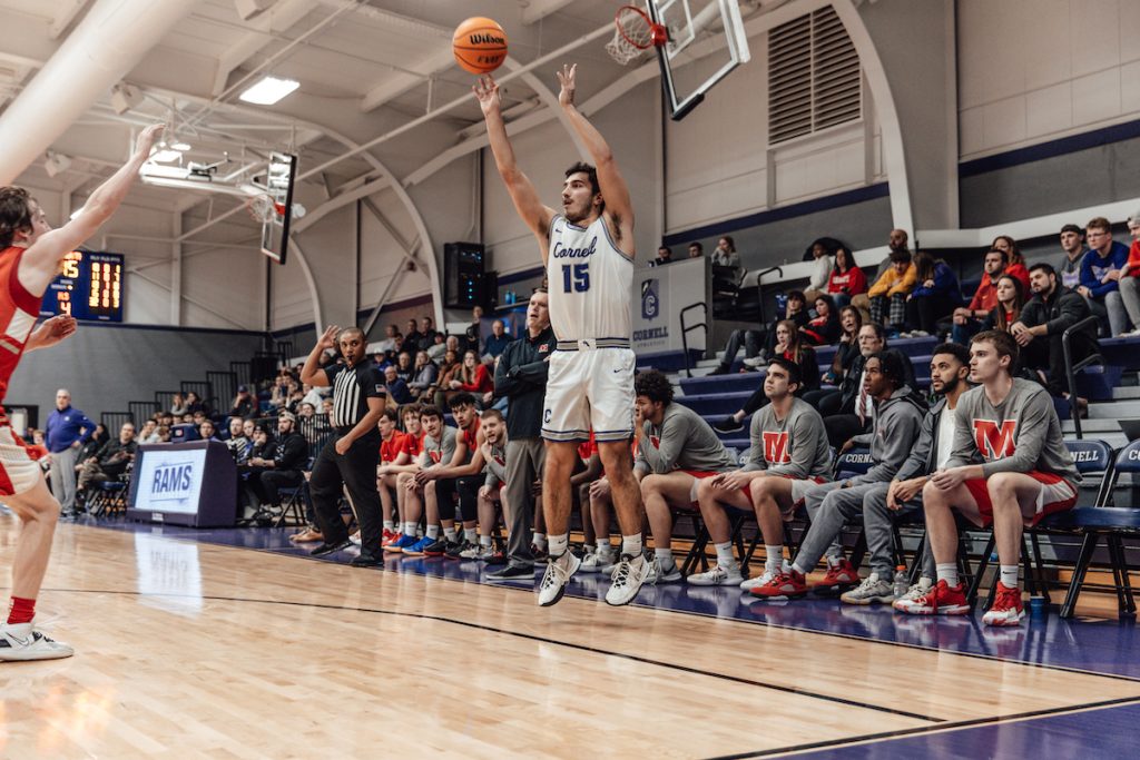 Jordan Magnani shooting a three-pointer against Monmouth on 2023 Senior Night.