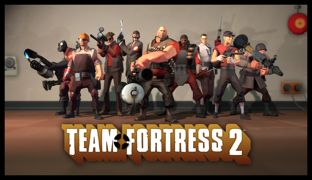 Very early concept art of the nine playable classes of TF2