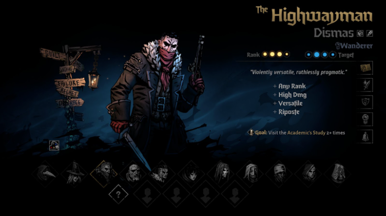 The party selection screen, currently focused on Dismas, the Highwayman.