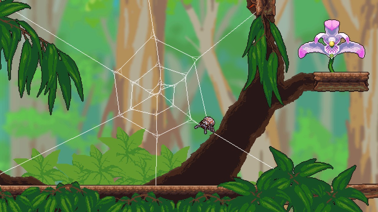 A screenshot from the game Webbed of the player character sitting on a thread that is part of a large spider web in the center of the screen. Large leaves and tree branches are in the foreground and background, and in the far back are very large trees. On a branch next to the web is a flower with a ball of pollen on it, a collectible in the game.