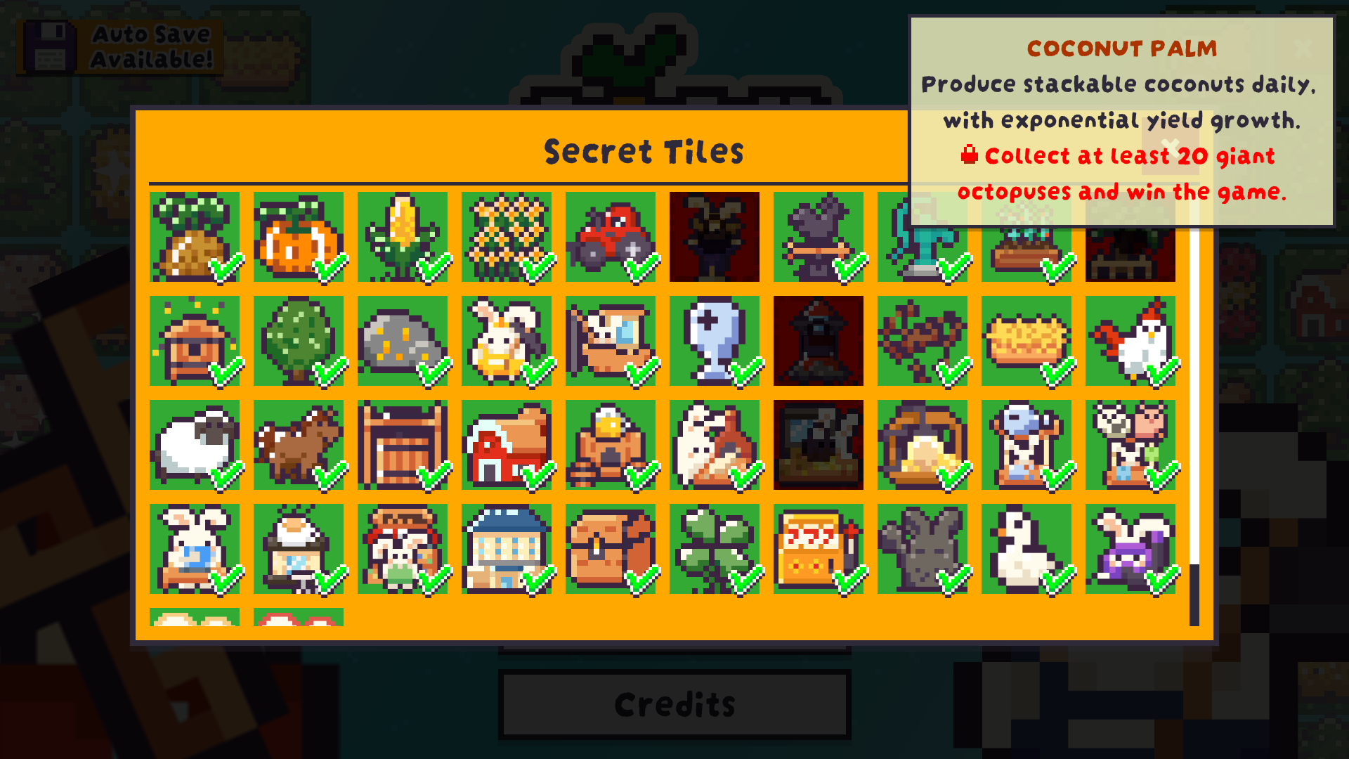 A screenshot of the secret tiles menu from Farm Keeper, with most of the tiles unlocked. The cursor is hovered over the "coconut palm" tile, which shows its description: "Produce stackable coconuts daily, with exponential yield growth." and its unlock requirement: "Collect at least 20 giant octopuses and win the game."