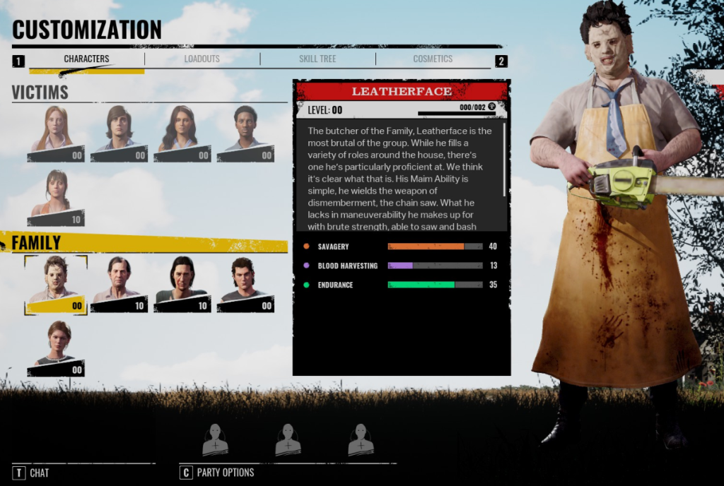 The character customization screen from Texas Chainsaw Massacre, showing all 5 playable characters on both the Victim and Family teams.