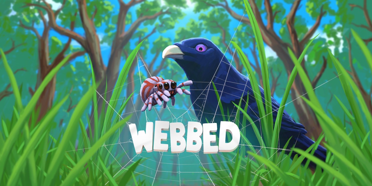 The title art of the game Webbed, with the title in white, bubbly font in the center of a spider web in between large blades of grass. The player character, a small spider, is on the web, and a large blue bird is in the background, looking down at the spider. Large trees are in the far back of the image.