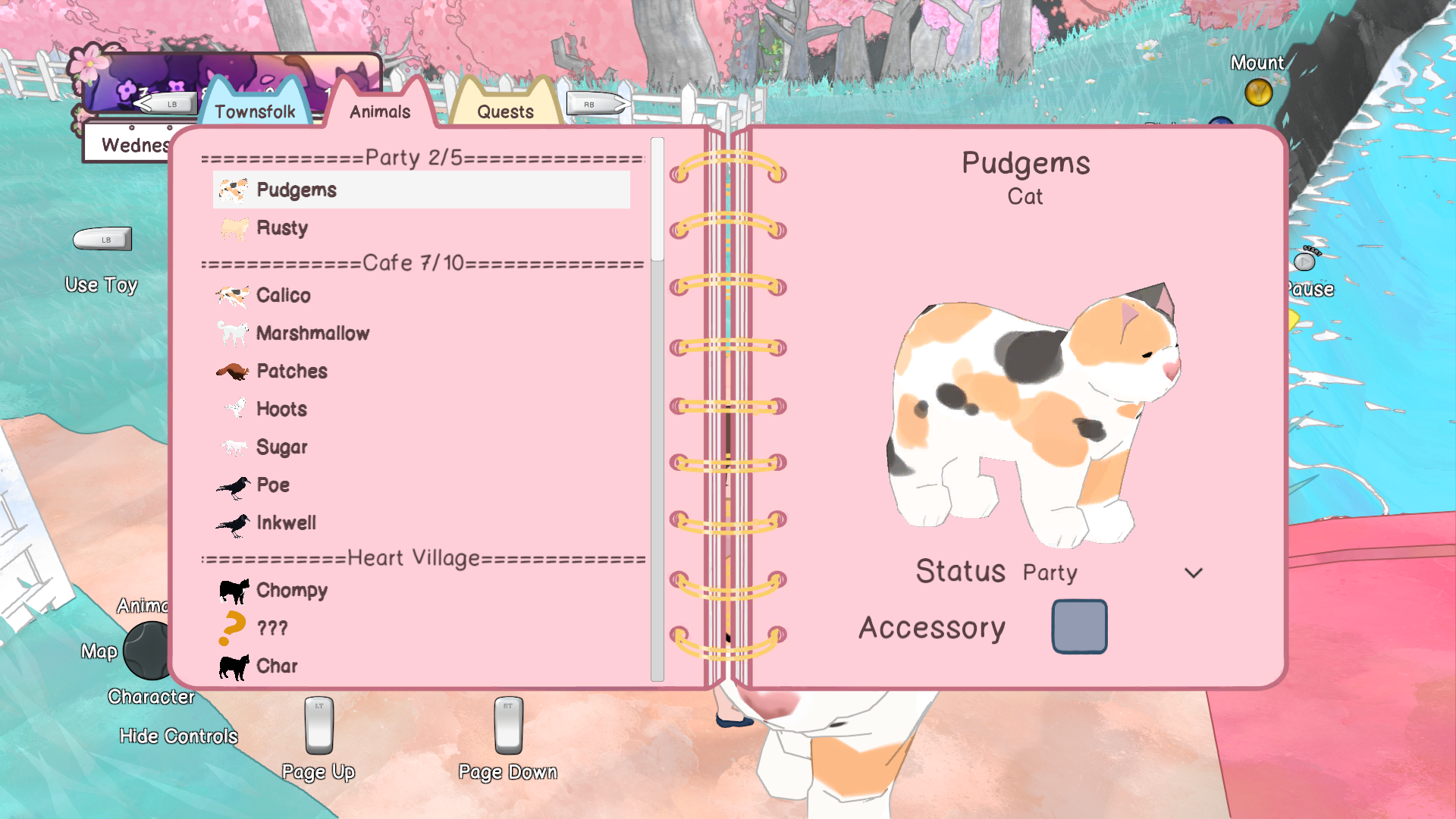 A screenshot from the game Calico of the "Animals" section of the journal menu, with the entry for a fat calico cat named Pudgems selected.