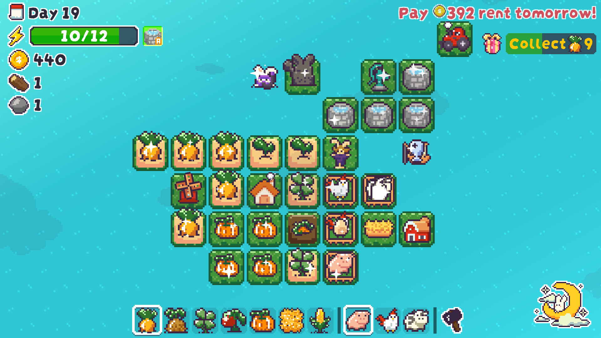 A screenshot from the game Farm Keeper of a farm mid-game with a chaotic assortment of tiles, including farmland, animals, and wells.