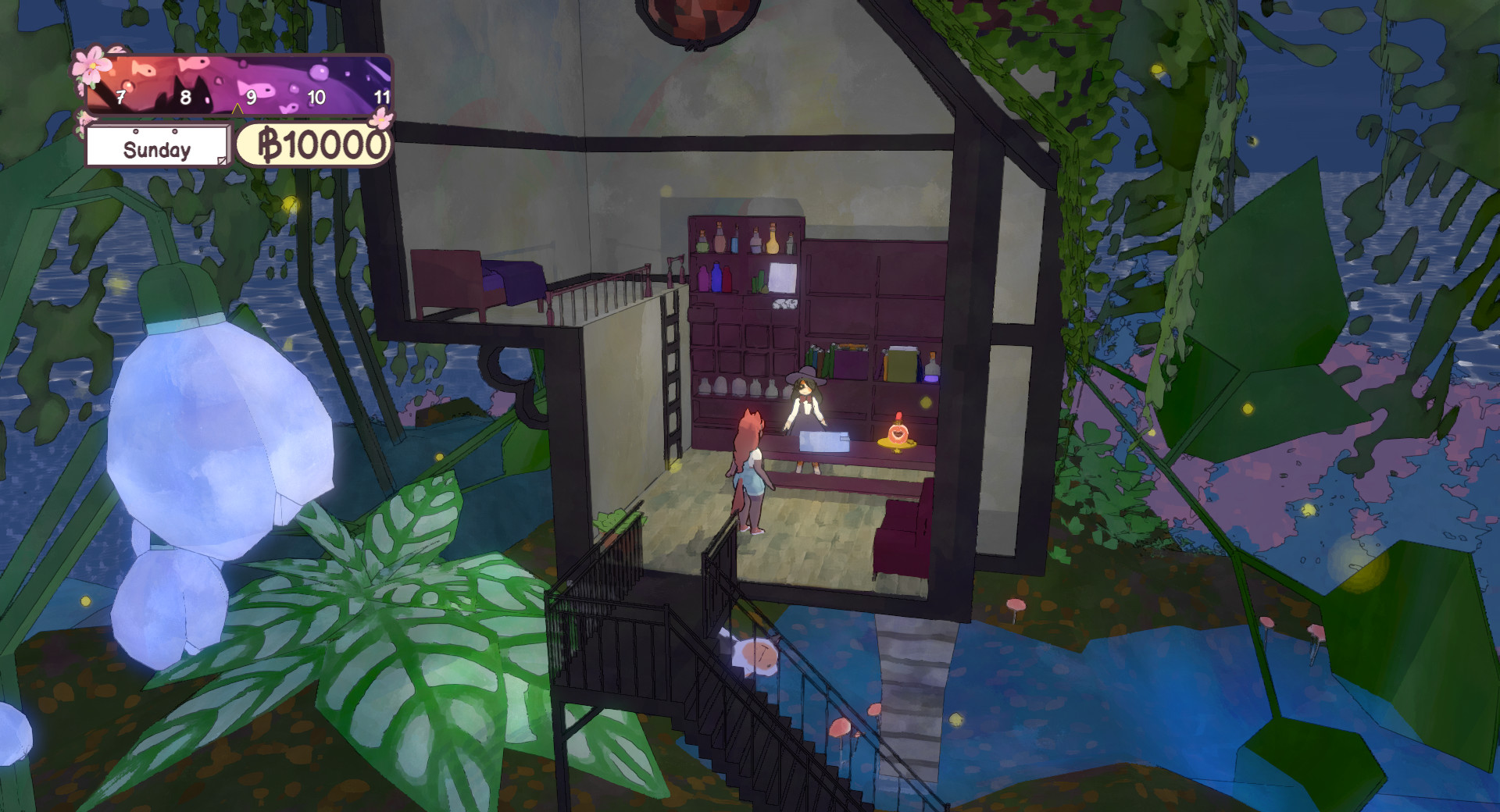 A screenshot from the game Calico of a store on top of a hill at night, with large plants on top of the hill and cherry blossom trees below. Inside the store are the player character and the shop keeper.