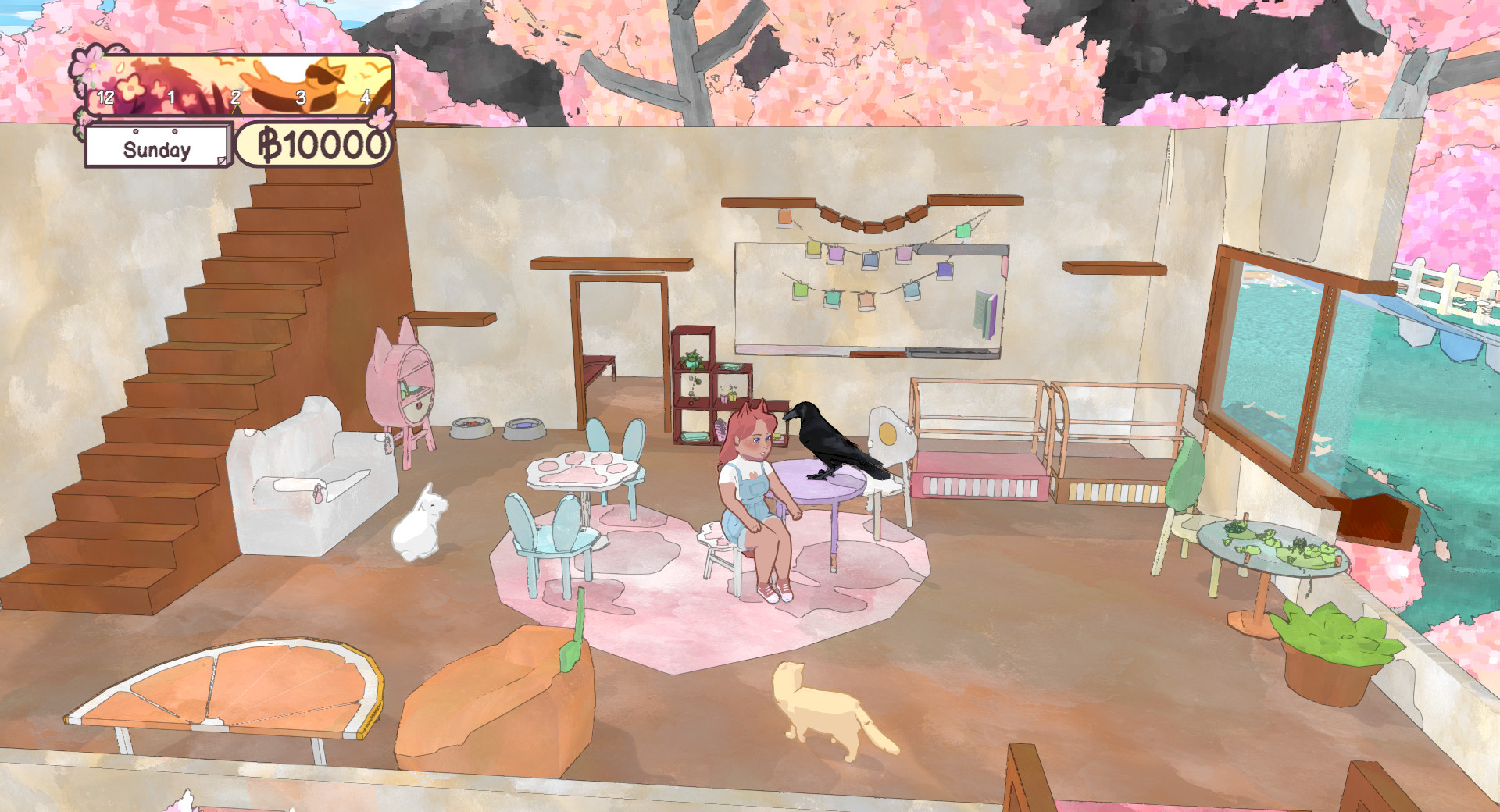 A screenshot from the game Calico of the inside of the player's café. The player is sitting at a table, and there's a cat and rabbit on the floor and a crow on top of the table.