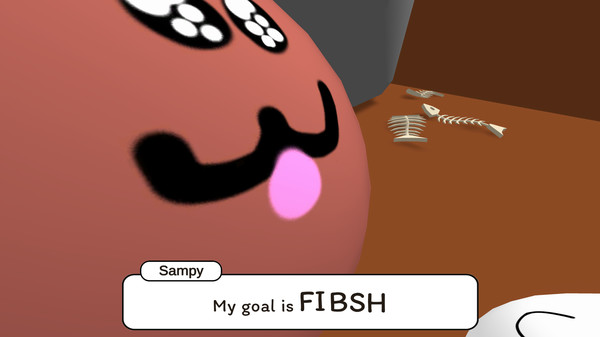 A screenshot from the game Seal World of a brown seal named Sampy, which is very round with a simple, cartoony face with sparkling eyes. The seal is very close to the camera, taking up half of the screen. There is a text box on the bottom, which reads "My goal is fibsh." "Fibsh" is written with all capital letters.