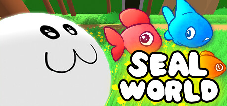 The game Seal World's title image, featuring a large, very round cartoon seal, the game's name in a round, blobby font, and three fish.