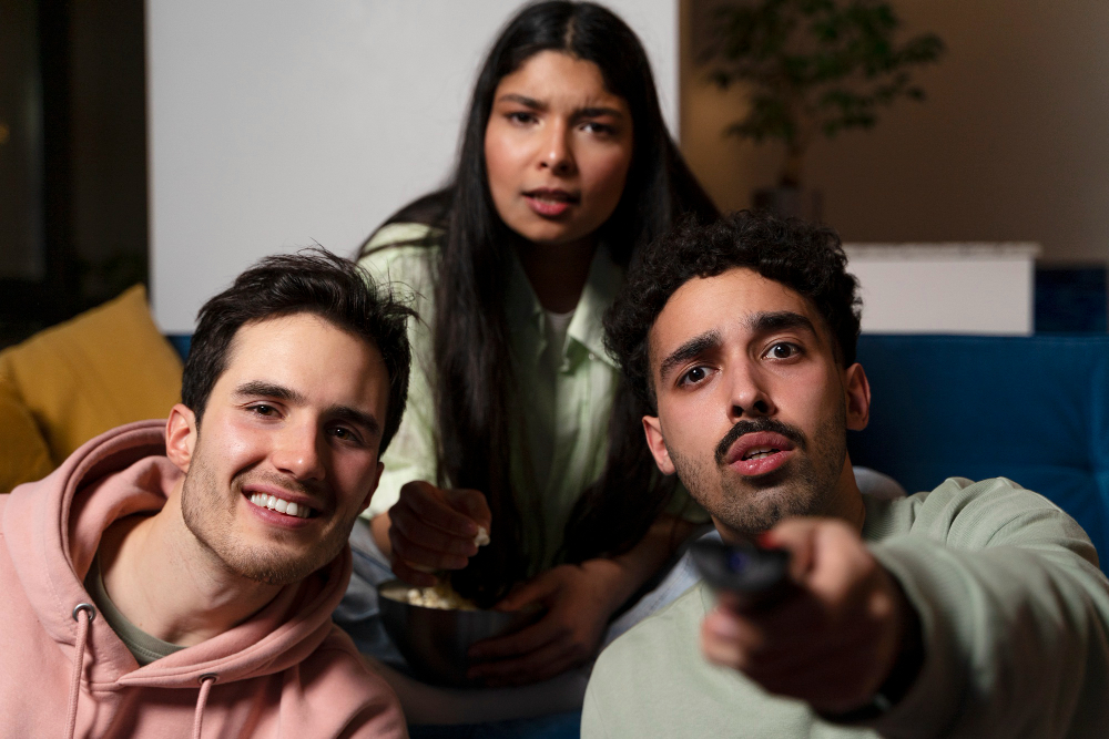 Three friends looking at the camera, seeming to watch something on a TV. Two look somewhat concerned and one is smiling. They are all sitting on a couch. Three viewers.