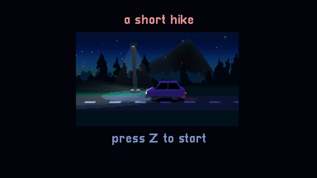 A Short Hike starting screen. A blue car is driving across a pixelated road as a street lamp shines on it from above. Below are the words "press z to start"