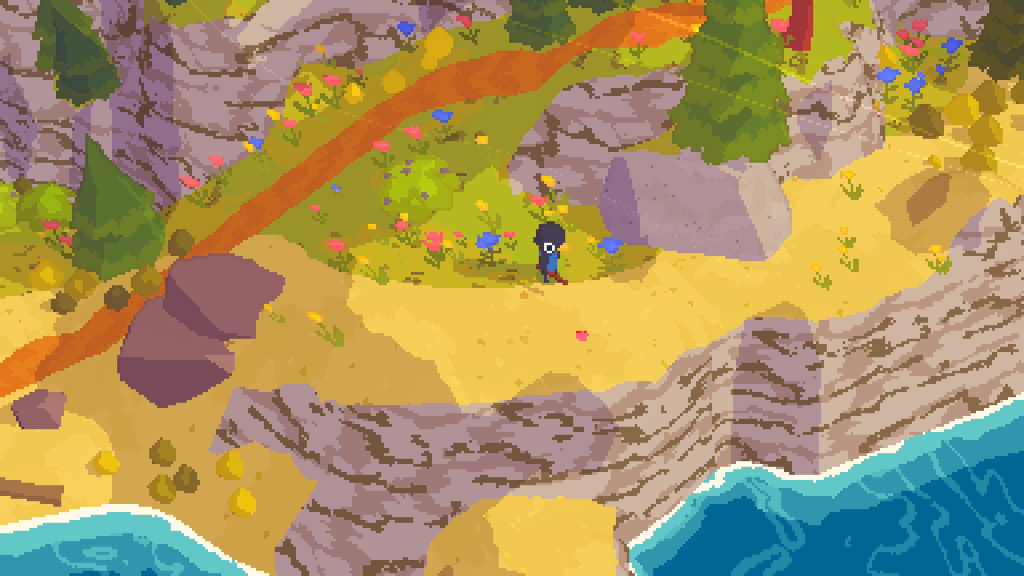 An in-game screenshot of A Short Hike. An anthropomorphic bird holds a sticks and looks off towards the distant right. The bird stands on a beautiful ocean side cliff. The art style is made up of pixels.