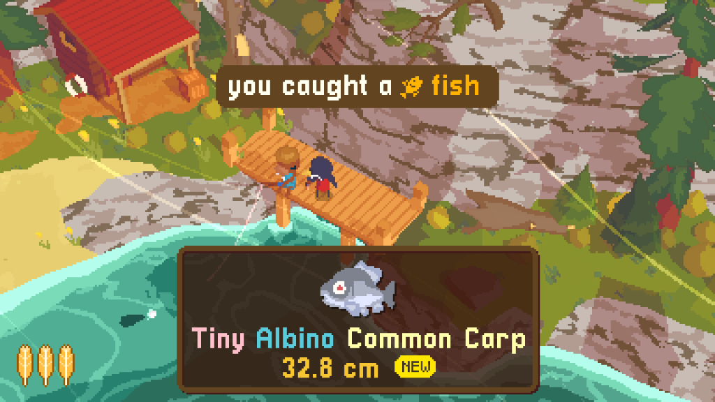 A Short Hike in-game screenshot. A pixelated anthropomorphic bird stands by what looks to be a beaver fishing. On the screen text states "you caught a fish" and below info of said fish pops up and says "Tiny Albino Common Carp 32.8 cm (new)". It can be concluded that the bird caught a fish after fishing