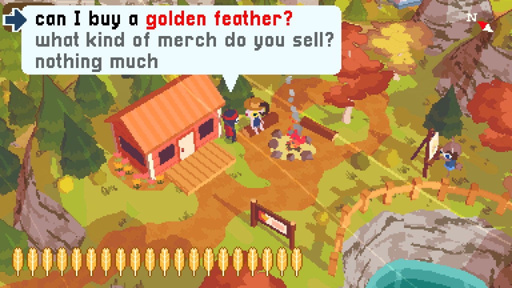 A screenshot of the game A Short Hike. The bird main character is on a selection menu and about to ask a ranger "can I buy a golden feather?"