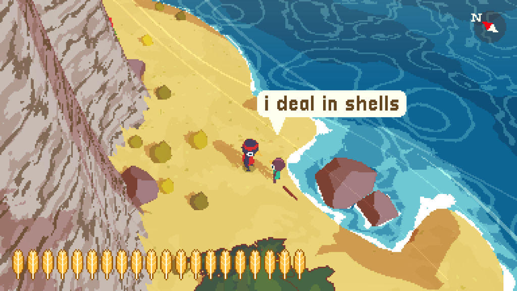 A screenshot of A Short Hike game. The larger main character bird is talking to a smaller bird on a beach. The small bird is saying "i deal in shells".