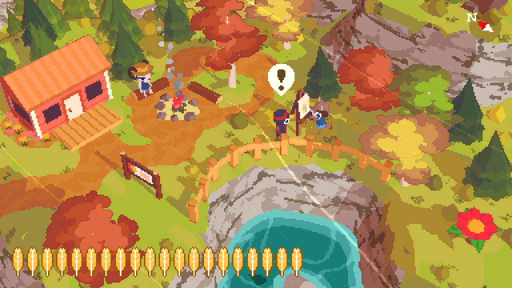 A screenshot similar to the one pervious of the Visitor Center. The bird main character has an exclamation point above their head next to a painting raccoon.