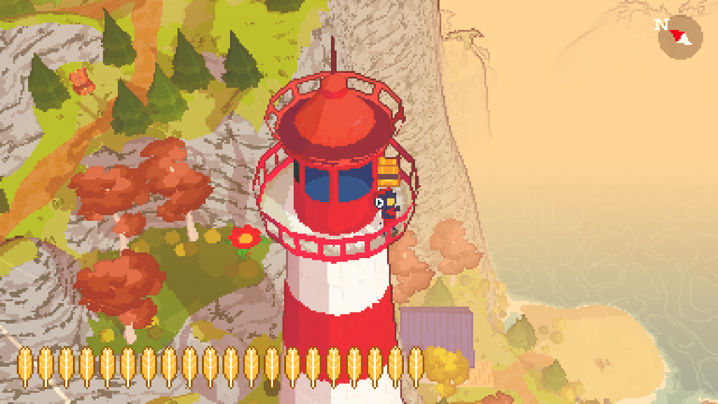 Screenshot of the aforementioned game. The main character bird is standing on a lighthouse.