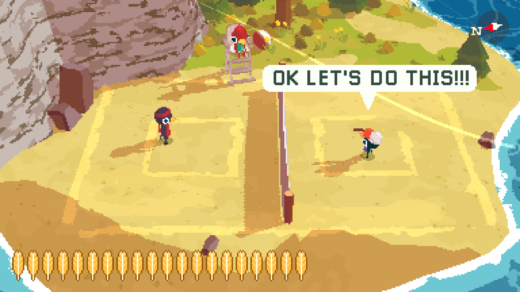 Three bird characters are on a sandy beach. Two are on opposites of a net. One is the main character bird. The other is a short bird who has a text bubble saying "Ok let's do this!!!"