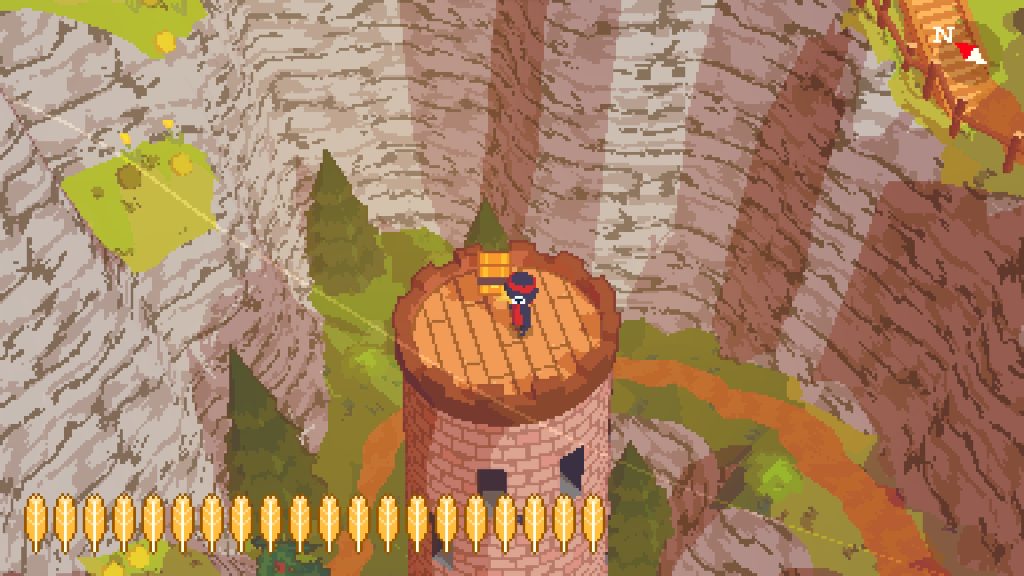 A bird standing on a stone tower. An open chest lies nearby.