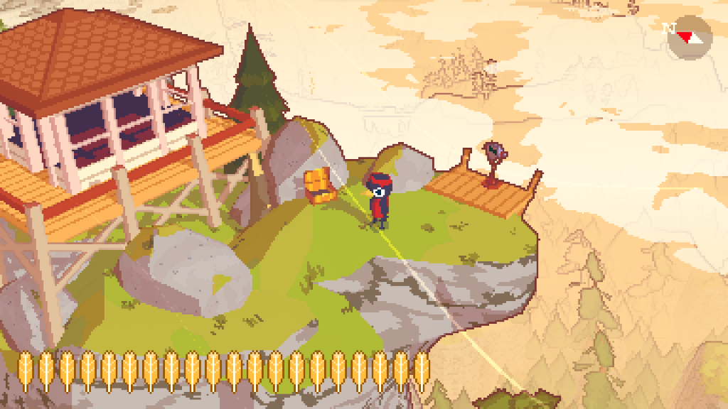 Main character bird stands on a cliff, semi near the edge. A tower viewer is nearby on a wooden platform and there is an open chest. A screenshot of A Short Hike