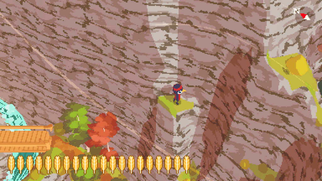 Main character bird stands on a hard to see ledge of a cliff. A Short Hike screenshot.