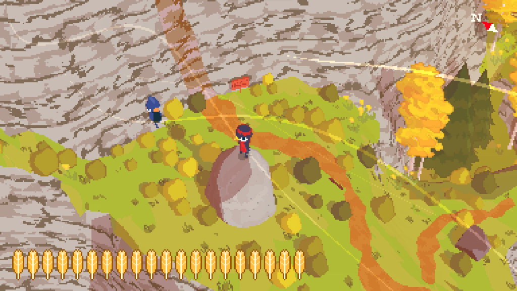 Main character bird stands on a tall rock. Nearby, a blue bird leans against a cliff.