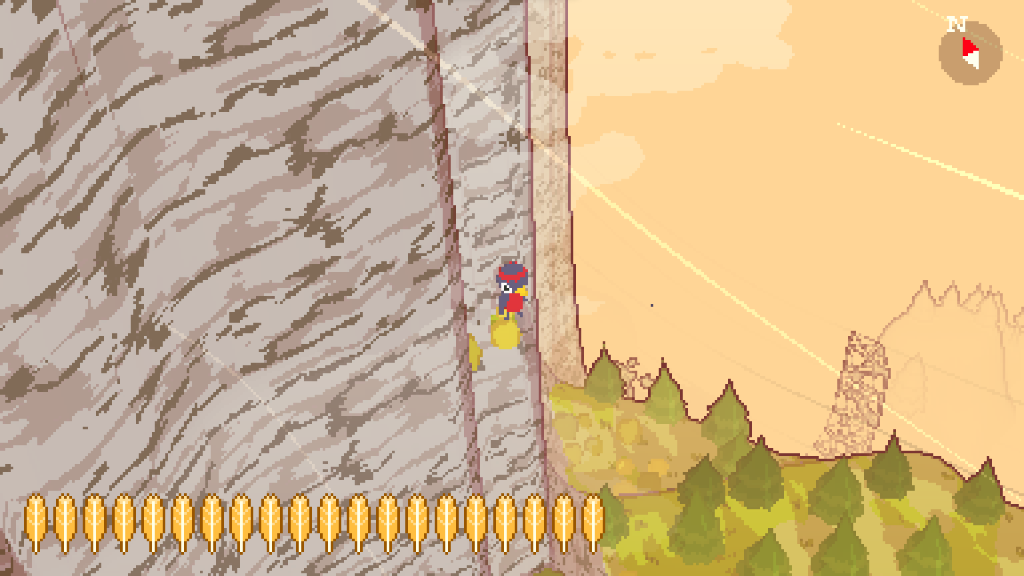 Main character bird stands on the teeniest ledge possible.