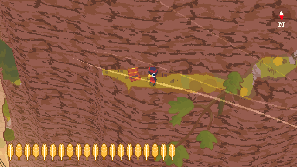 Main character bird is on a cliff ledge, with an open treasure chest nearby. A screenshot of A Short Hike.