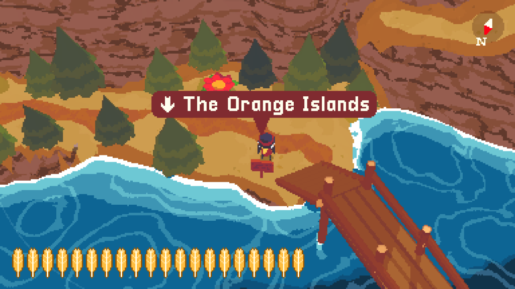 Main character bird looks at a sign that say "The Orange Islands" with an arrow pointing down. There is a wooden bridge nearby.