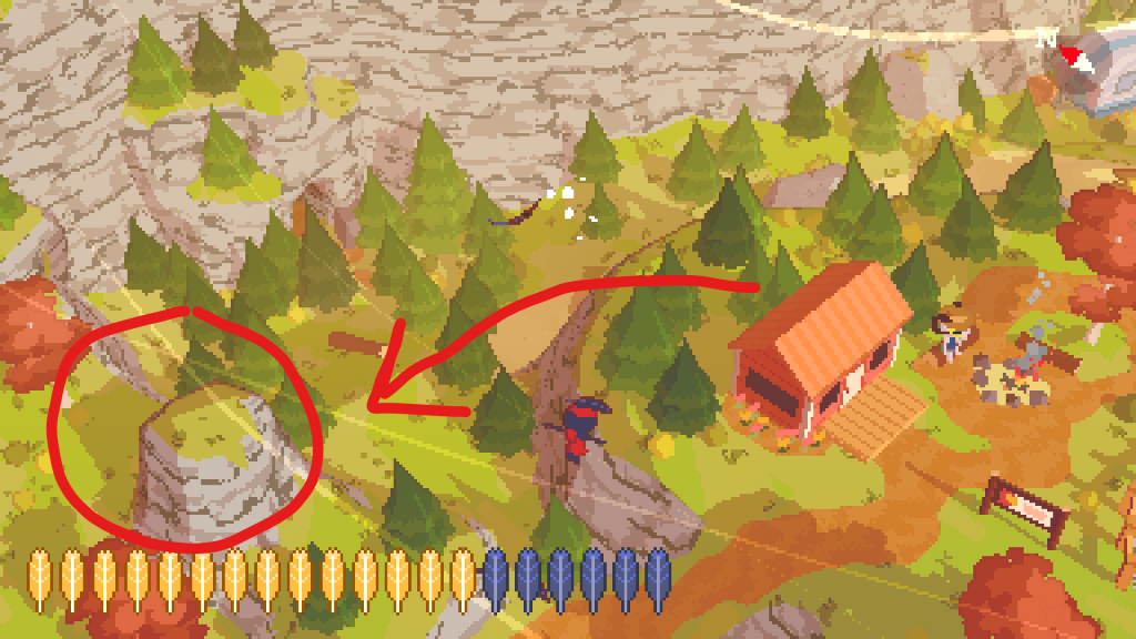 A screenshot of game A Short Hike. A bird is midair above A Short Hike's Visitor Center. Drawn in red, is a path to a small hill where a player can find a golden feather.