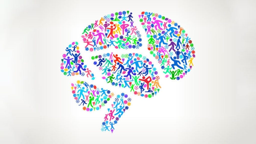 Colorful, cartoon image of a brain that is made up of silhouettes of athletes and athletic equipment.