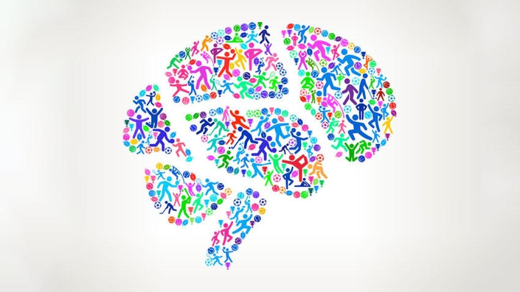 Colorful, cartoon image of a brain that is made up of silhouettes of athletes and athletic equipment.