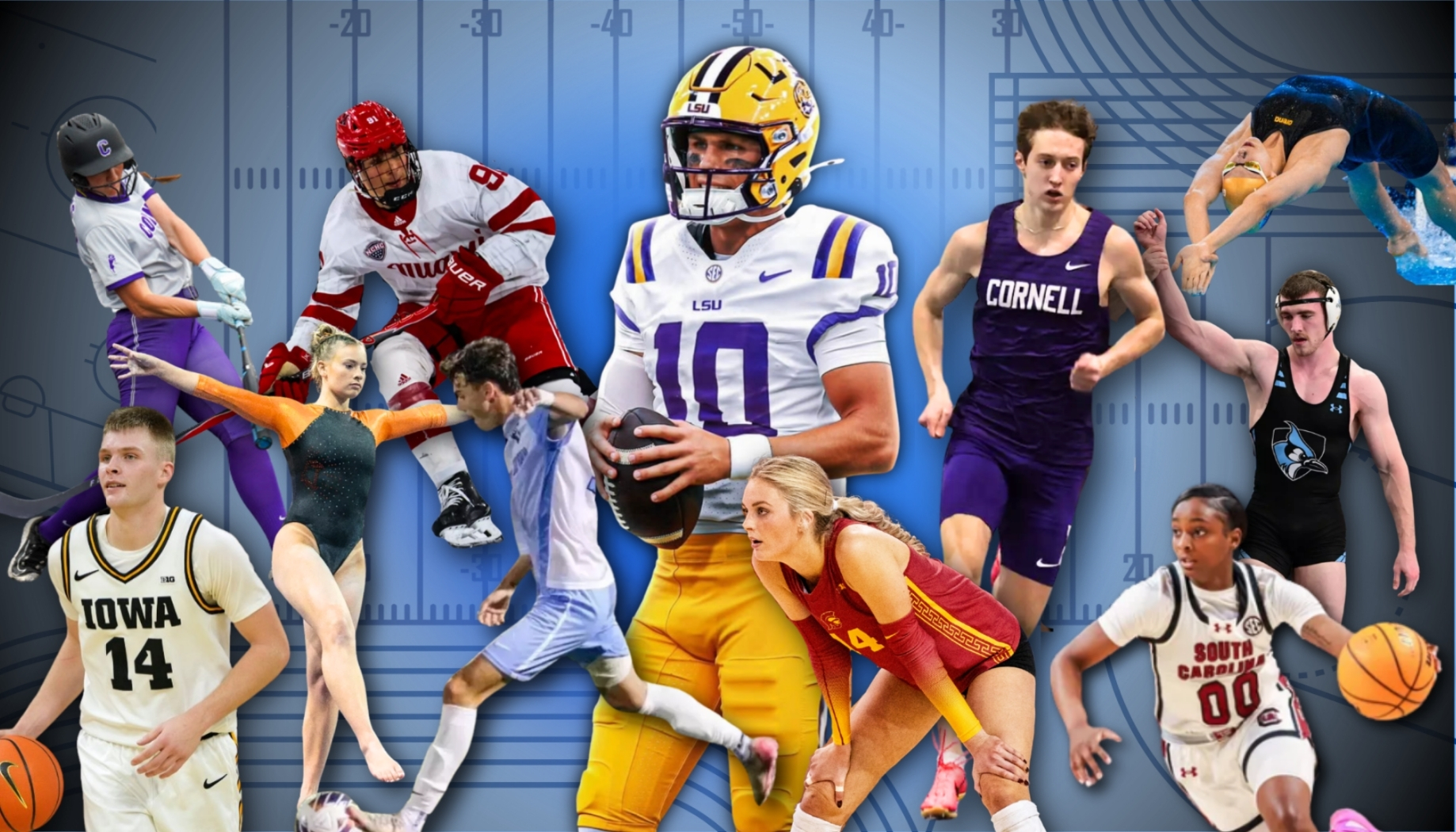 Collage of various student-athletes across different divisions who have utilized the transfer portal at some point in their careers.
