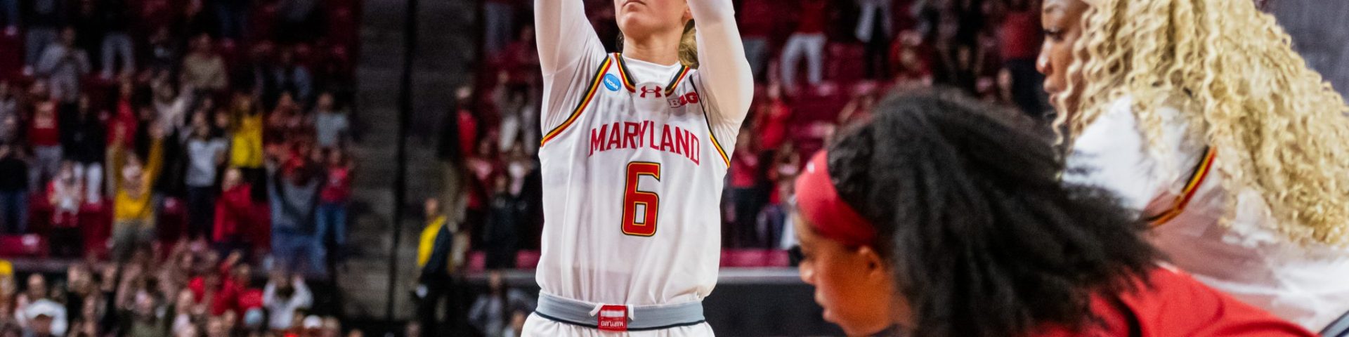 Saylor Poffenbarger shoots a free throw during Maryland women's basketball's second-round victory over Alabama in the 2025 NCAA tournament.