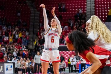 Saylor Poffenbarger shoots a free throw during Maryland women's basketball's second-round victory over Alabama in the 2025 NCAA tournament.