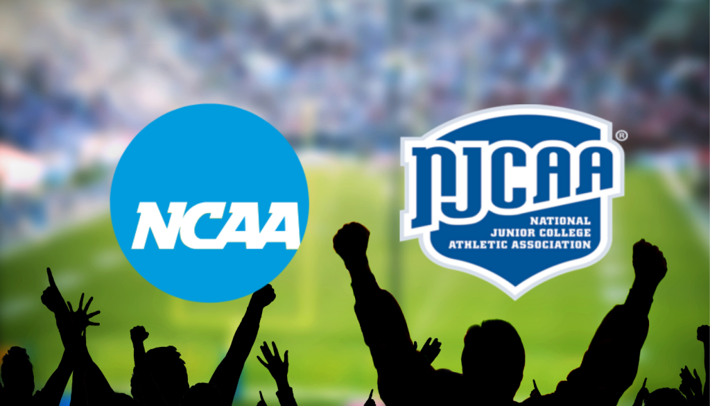 NCAA and NJCAA logos displayed over a football stadium background representing the comparison between NCAA and junior college athletics