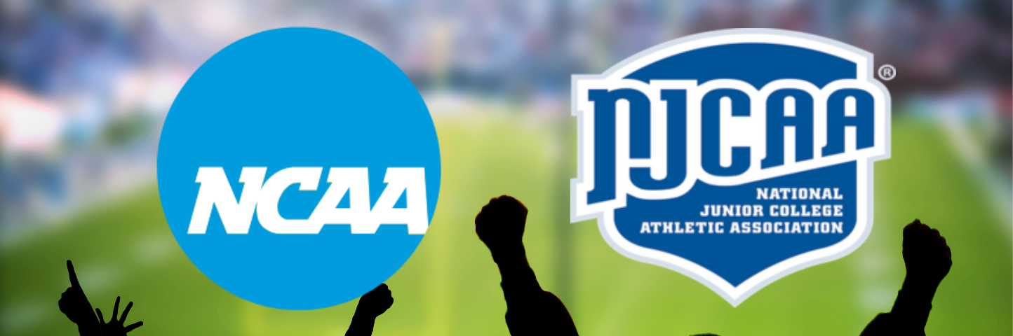 NCAA and NJCAA logos displayed over a football stadium background representing the comparison between NCAA and junior college athletics