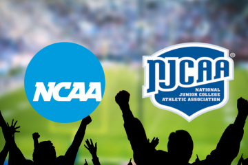 NCAA and NJCAA logos displayed over a football stadium background representing the comparison between NCAA and junior college athletics
