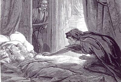 The OG sexy lesbian vampire, Carmilla, standing over a sleeping woman